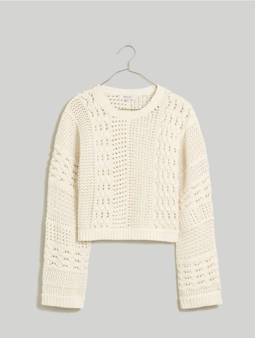 Madewell Crochet Crop Cream Puffed Sleeve Sweater Small 100% Cotton Loose Knit